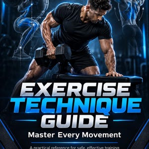 May include: A digital exercise technique guide featuring a central figure performing a dumbbell row, with background illustrations of a barbell squat and a lat pulldown. The text reads: EXERCISE TECHNIQUE GUIDE, Master Every Movement, SGF DIGITAL FORGE.