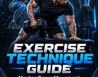 May include: A digital exercise technique guide featuring a central figure performing a dumbbell row, with background illustrations of a barbell squat and a lat pulldown. The text reads: EXERCISE TECHNIQUE GUIDE, Master Every Movement, SGF DIGITAL FORGE.
