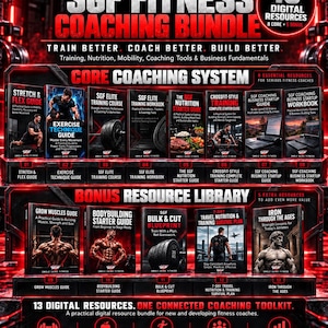 Puede incluir: Un paquete de coaching digital de SGF Fitness con 13 recursos, incluyendo 8 guías principales y 5 guías extra. La colección cubre entrenamiento, nutrición, movilidad y fundamentos de negocio para entrenadores, en un diseño rojo y negro.