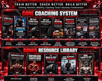 May include: A digital coaching bundle from SGF Fitness featuring 13 resources, including 8 core guides and 5 bonus guides. The collection covers training, nutrition, mobility, and business fundamentals for fitness coaches, presented in a red and black layout.