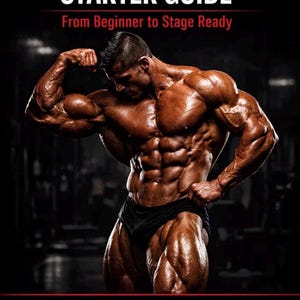 Könnte beinhalten: Ein muskulöser Bodybuilder, der seine Muskeln anspannt, mit dem Text "BODYBUILDING STARTER GUIDE" und "SWOLE GAINS FITNESS (SGF)". Der Leitfaden ist "From Beginner to Stage Ready" und "Built for Real Strength".