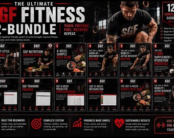May include: The SGF Fitness 12-Bundle is a comprehensive digital guide set featuring twelve distinct modules including training, nutrition, meal plans, and tracking dashboards. The black and red layout displays step-by-step systems for fitness.