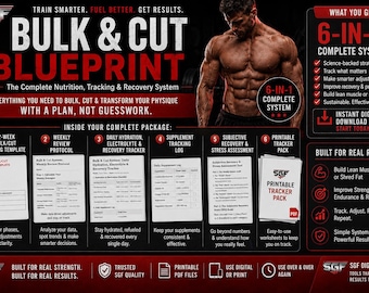 May include: A digital fitness guide titled Bulk & Cut Blueprint featuring a muscular figure and six components: a 12-week planning template, weekly review protocol, hydration and recovery tracker, supplement log, stress assessment, and a printable tracker pack.
