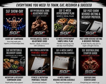 May include: A digital bundle titled SGF Fitness & Nutrition featuring 7 guides and 26 tools. The image displays a muscular individual and eight distinct sections covering show-day prep, hypertrophy plans, recovery protocols, and nutrition tracking.