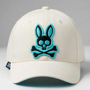 May include: An off-white baseball cap featuring a prominent embroidered patch on the front. The patch displays a black and bright turquoise skull and crossbones design with rabbit ears. The cap includes a matching turquoise trim on the brim edge.