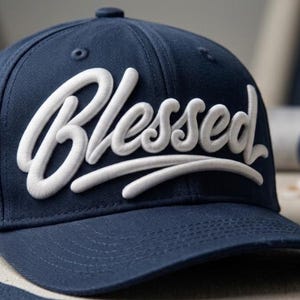 May include: A navy blue baseball cap with the word "Blessed" embroidered in white script. The hat has a curved peak and a structured crown. The background includes spools of thread and sewing tools.