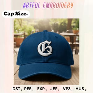 Gammal engelsk bokstav G maskinbroderidesign, gotisk initial logotyp i storlek med cap