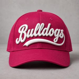 May include: A vibrant magenta baseball cap featuring the word Bulldogs embroidered in raised white script lettering across the front panels. The cap has a structured crown, a curved brim, and a matching magenta button at the top centre.