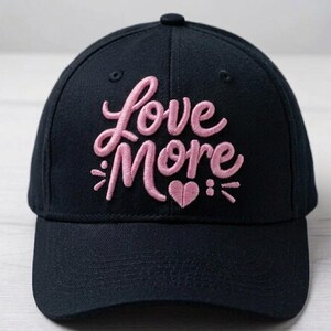 May include: A black baseball cap with the embroidered words "Love More" in pink script. The design includes a heart and small decorative elements. The cap has a curved brim and a button on top.