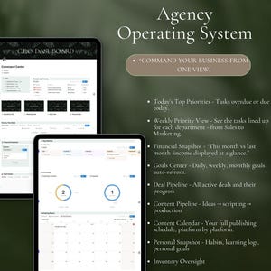 Op de afbeelding: Twee tablets met een interface van een agency operating system. De schermen tonen dashboards met datavisualisaties, waaronder grafieken en lijsten. Tekst op het scherm is onder meer "Command Center" en "Today's Top Priorities."