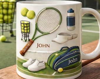Personalisierte Tennis Namenstasse, kundenspezifische Sportkaffeetasse, keramisches Geschenk für Tennis-Liebhaber