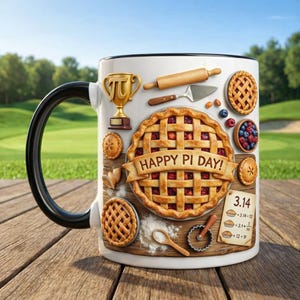 May include: White ceramic mug with a black handle featuring a "Happy Pi Day!" design. The design includes a pie, a trophy, a rolling pin, and other pie-related elements. The mug is set on a wooden surface.