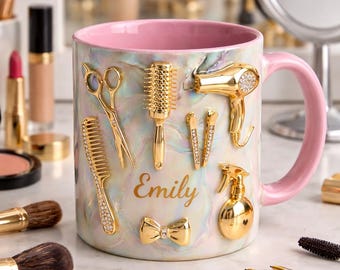 Friseur Becher, Friseur Geschenk mit Namen, Schönheitssalon Kaffeetasse, Stylist Werkzeuge Becher, Geschenk für Friseur