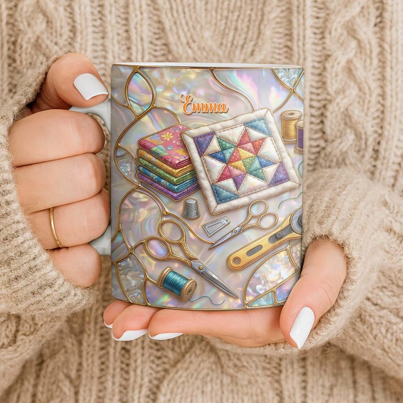 K&ouml;nnte beinhalten: Eine wei&szlig;e Keramik-Tasse mit einem Patchwork-Design und N&auml;hwerkzeugen. Die Tasse hat einen Glasmalerei-Effekt mit goldenen Akzenten und dem Namen "Emma". Das Design umfasst Scheren, Garnrollen und einen Fingerhut.