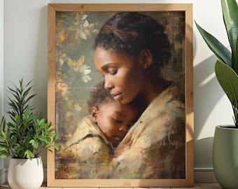 Black Mother and Child Wall Art, Watercolor African American Motherhood Art, Tender Love Portrait, Nursery Home Decor