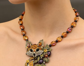 Bohemian Rhinestone Fox Necklace, Art Deco Statement Pendant, Handmade Crystal Animal Jewelry
