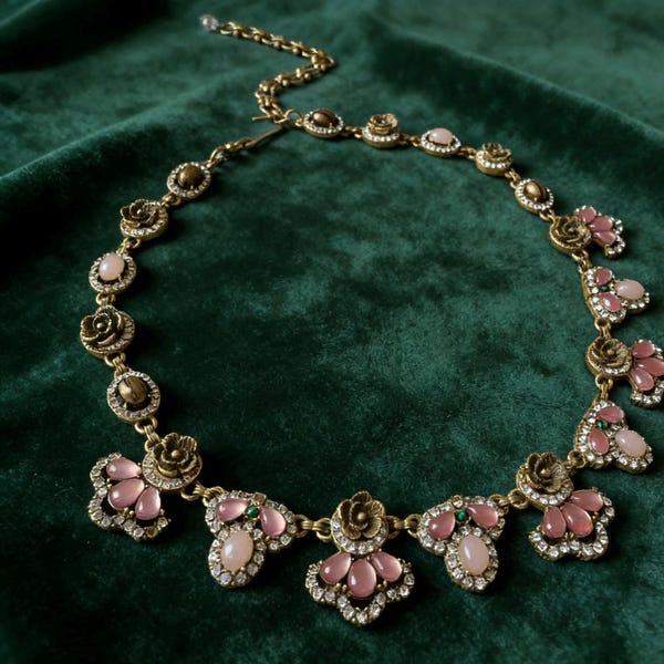 Vintage3 Floral Goddess Necklace | Tiger‘s Eye, Pink Rhinestone Statement Jewelry