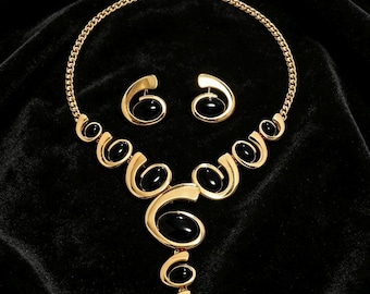 Bijoux tendance en or vintage, collier et boucles d'oreilles Power Dressing rétro années 80, parure de soirée élégante