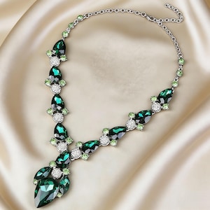 Emerald Green Teardrop Y Necklace | Silver Crystal Statement Necklace | Luxury Evening Jewelry