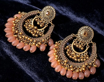 Boucles d'oreilles jhumka en or rose poudré ancien, bijoux de fête de mariage ethniques bohèmes, cadeau