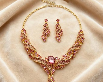 Ensemble de boucles d'oreilles de luxe avec collier scintillant rose, élégant cadeau de fête de mariage pour elle