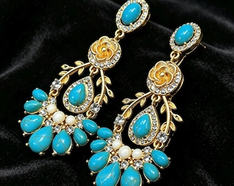 Vintage boucles d'oreilles florales en or, pierres précieuses bleues, perles de cristal, bijoux de mariage pour la mariée