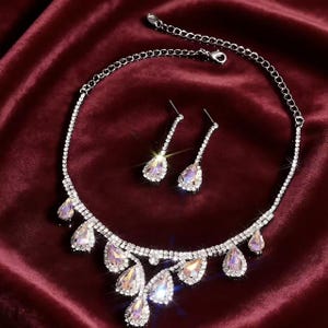 Aurora Kristall Teardrop Schmuckset | Braut Halskette Ohrringe Silber | Abschlussball Hochzeitsschmuck