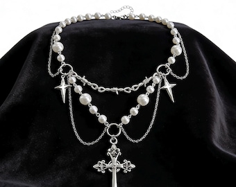 Collier croix de perles gothiques, tour de cou avec pendentif étoile superposé, bijoux grunge Y2K, mode alternative