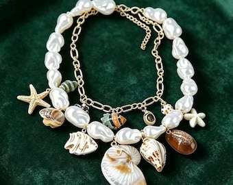 Collier de plage vintage, perles baroques, coquillages et étoiles de mer