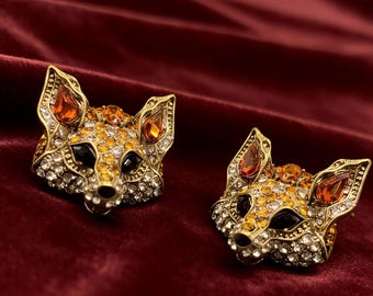 Boucles d'oreilles vintage tête de renard, clous d'oreilles animaliers en émail doré antique pour femme