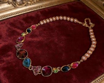 Collier de luxe en perles et pierres précieuses | Cadeau vintage bijoux tendance en plaqué or pour elle