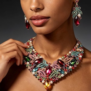 Puede incluir: Un collar llamativo y pendientes a juego en tono dorado con un intrincado diseño de filigrana. Las piezas están adornadas con cristales multicolores de corte marquesa y redondo en tonos rojo, verde, azul y amarillo, acentuados con pequeñas perlas blancas.