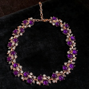 Vintage Floral Blatt Lila Edelstein Halskette, Rosegold Ton Brautschmuck