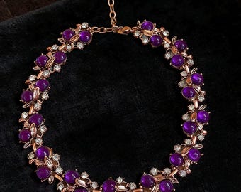 collier vintage floral feuille de pierres précieuses violettes, bijoux de mariée ton or rose