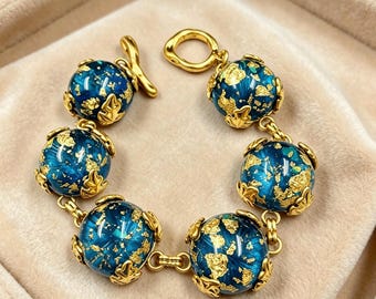 Bracelet tendance luxe vintage avec perles feuille d'or bleu sarcelle