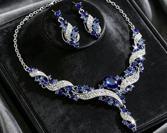 Parure de bijoux de mariée en saphir bleu, collier et boucles d'oreilles tendance, bijoux de bal de luxe