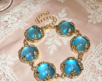 Vintage aigue-marine cabochon bracelet chaîne en or réglable femmes élégantes bijoux cadeau