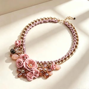 May include: A statement necklace featuring a gold-tone metal chain interwoven with soft pink cord. The piece is adorned with a cluster of pink floral accents, translucent amber-colored crystal flowers, and smooth light pink oval beads.