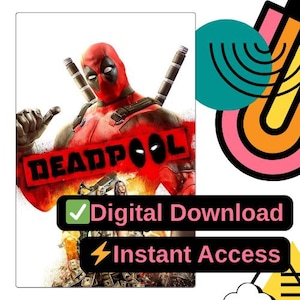 Może przedstawiać: Grafika do pobrania cyfrowego z Deadpoolem w czerwono-czarnym kostiumie, ze słowem "Deadpool" w czerwonych literach. Obraz zawiera tekst "Pobranie cyfrowe" i "Natychmiastowy dostęp".