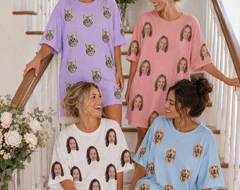 Custom Face Pajama Top, Personalized Photo Sleep Shirt, Women’s Lounge T Shirt, Picture Pajamas, Unique Gift for Wife Girlfriend Best Friend