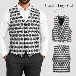 Custom Logo Suit Vest, Personalized Waistcoat for Men, All Over Company Team Logo Formal Vest, Groomsmen Gift, Bulk Order