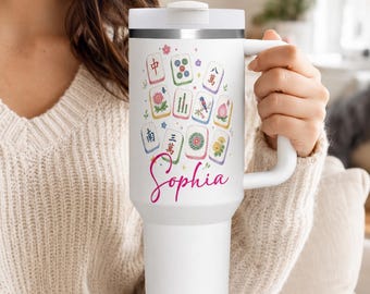 Vaso de Mahjong personalizado, taza de Mahjong con nombre personalizado, vaso de acero inoxidable de 20 oz y 40 oz, regalo para amantes del Mahjong, regalo para mamás aficionadas al Mahjong