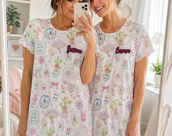 Personalized Mahjong Sleep Dress, Custom Name Pajama Dress for Women, Mahjong Lover Gift, Best Friend Gift, Matching Bestie Pajamas