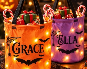 Personalized Halloween Trick or Treat Bag with Lights, Custom Name Candy Bucket, Light Up Halloween Basket, Kids Halloween Gift