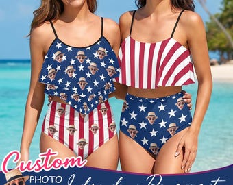 Personalized 4th of July Swimsuit, Custom Face American Flag Bikini, USA 250th Anniversary Swimwear for Women