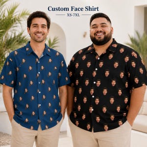 May include: Two short-sleeved button-down shirts featuring a repeating custom face pattern. One shirt is blue and the other is black. Both shirts have a classic collar, a front button placket, and a chest pocket. Text at the top reads Custom Face Shirt XS-7XL.