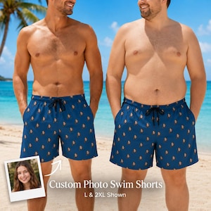 May include: Dark blue swim shorts featuring a repeating pattern of a person's face. The shorts have a black drawstring at the waist. A small inset photo shows the face used for the print, with text reading Custom Photo Swim Shorts L & 2XL Shown.