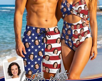 Personalized Couple Swimwear Set, Custom Face Cutout One Piece Swimsuit & Swim Trunks, USA Flag Matching Swimsuit, America 250 Beachwear