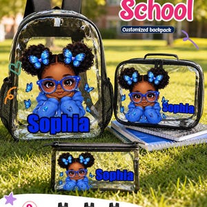 May include: A clear backpack, lunch bag, and pencil case set featuring a graphic of a girl with dark curly hair, blue butterfly hair clips, and blue glasses. Each item displays the name Sophia in blue text. The set includes black trim and mesh.