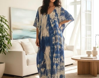 Caftan en soie tie-dye fait main, couverture de plage oversize